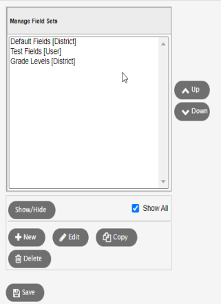 Manage field sets pop-up.