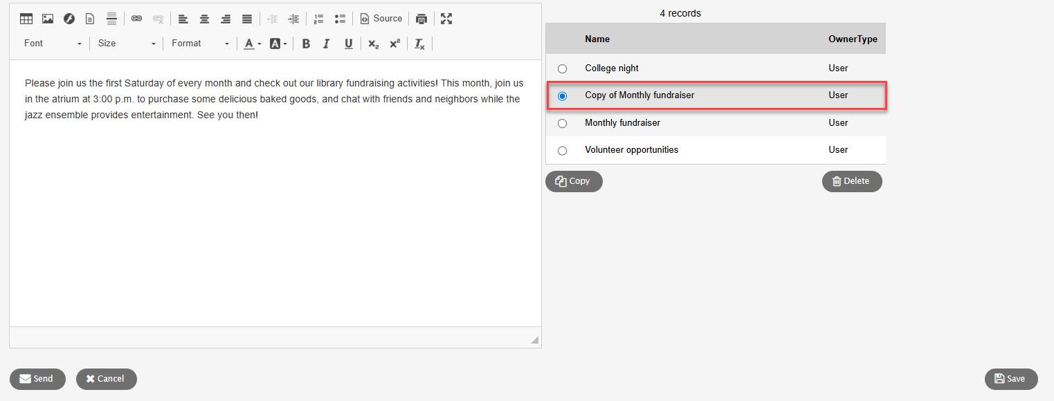 list of email templates with copy highlighted