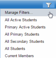 Filter menu drop-down with manage filters selected.