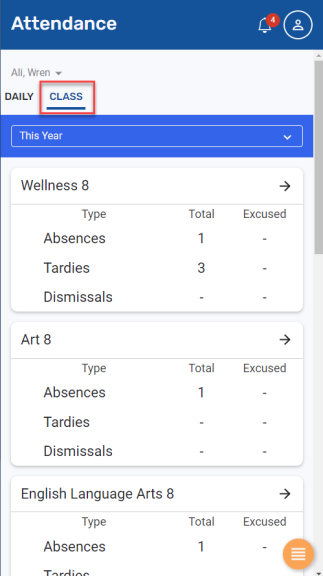 Class attendance screen, Family portal