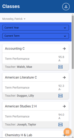 Classes screen