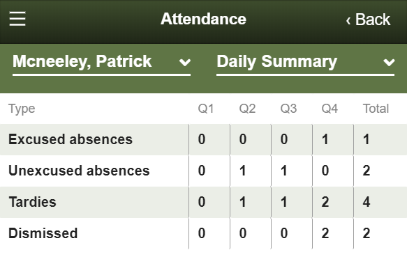 Student's Daily Summary details