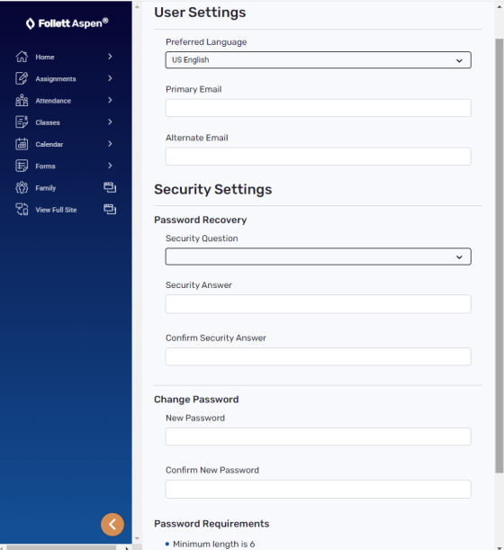 User Settings screen