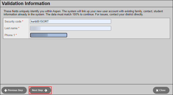 Validation page with security code 