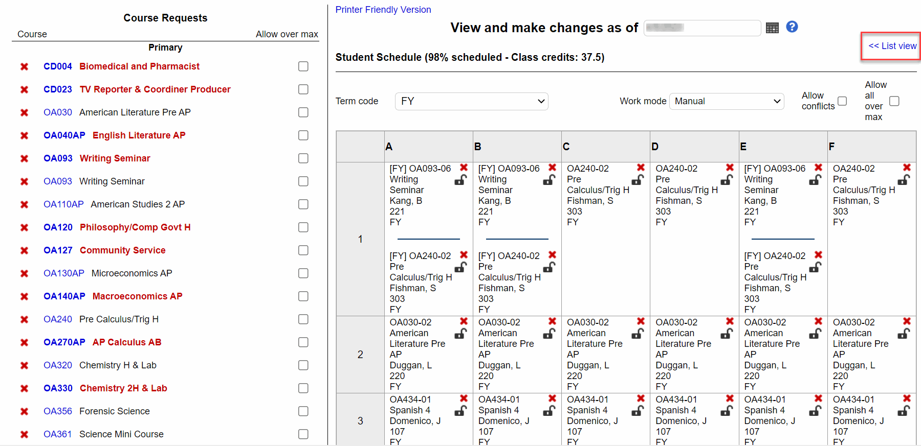 Workspace page, Matrix view