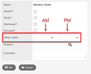 Class Attendance pop-up with Other codes field highlighted