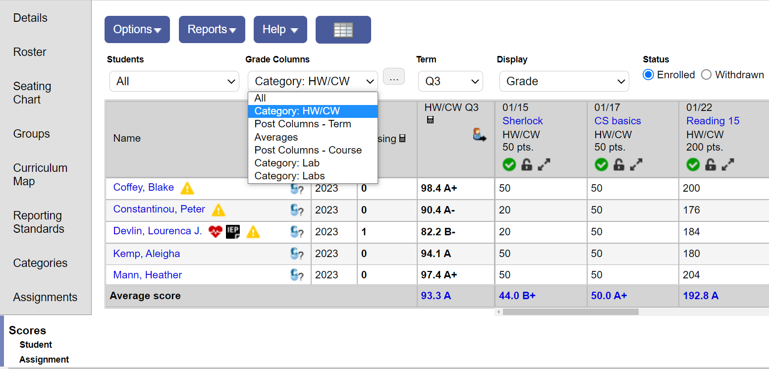 Scores page, Grade Columns drop-down