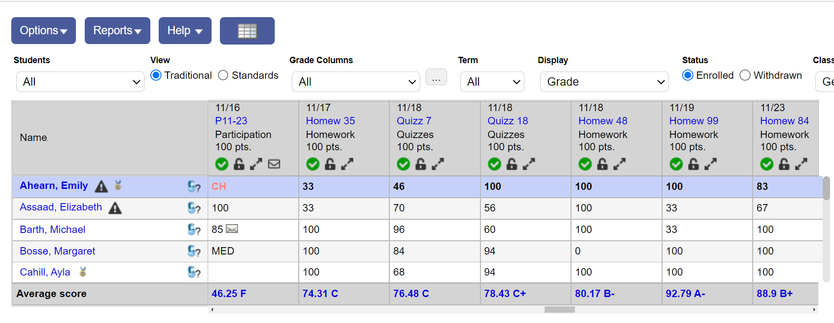 Gradebook Scores page