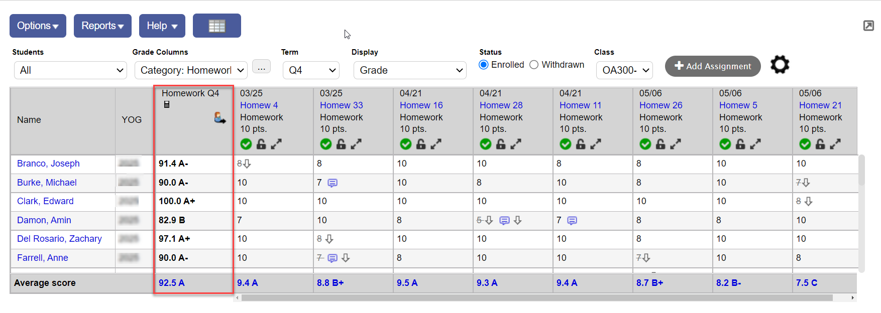 Scores page Average column 