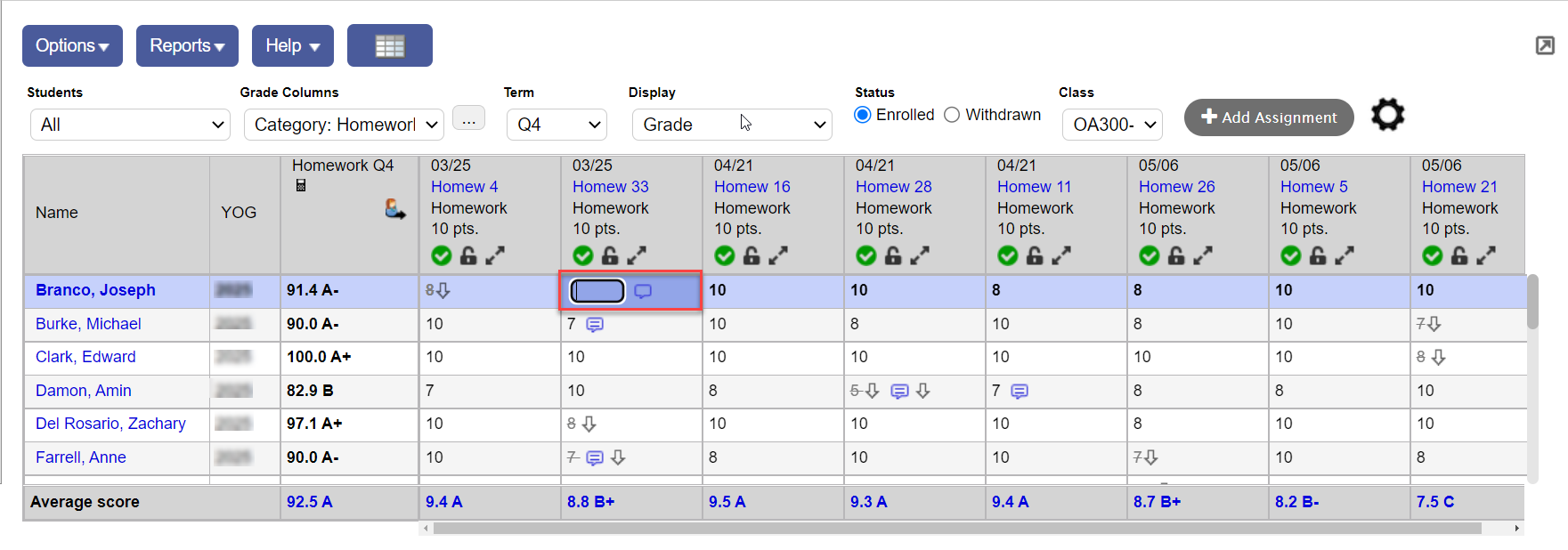 Scores page grading cell highlighted