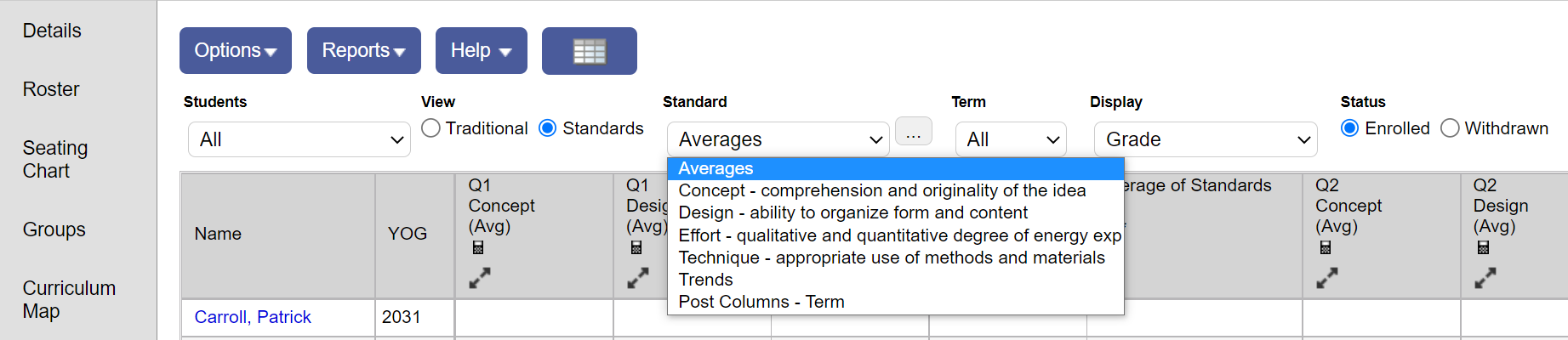 Scores page Standard drop-down