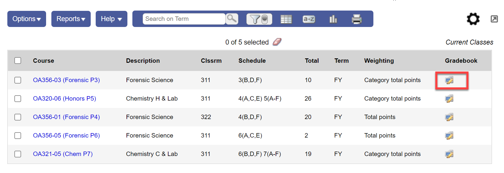 Class List page with Gradebook icon highlighted