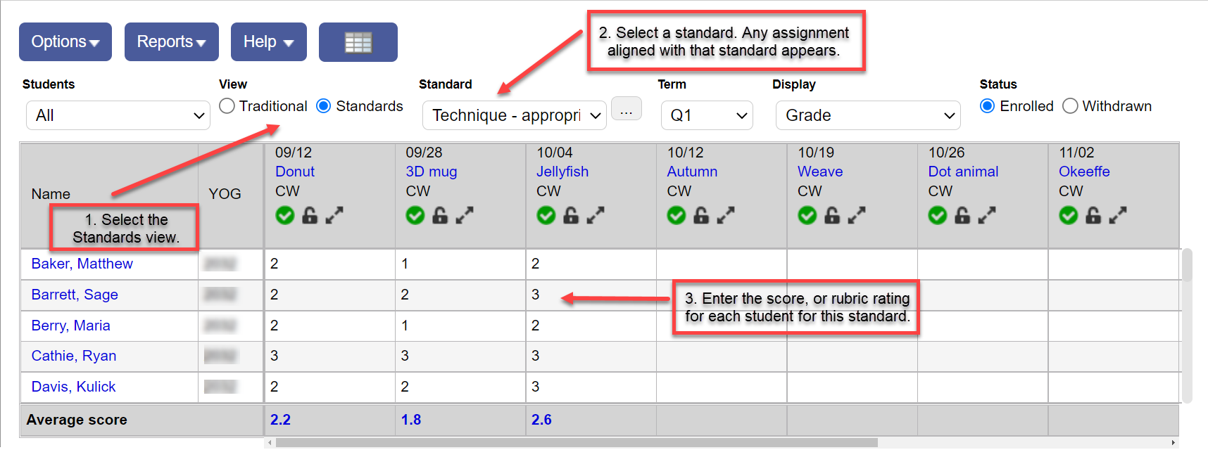 Scores page with a Standard selected