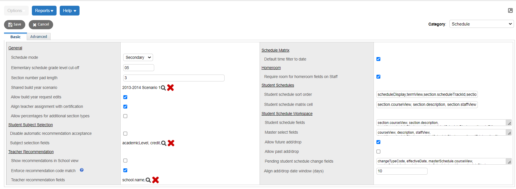 Schedule preferences page showing Basic sub-tab