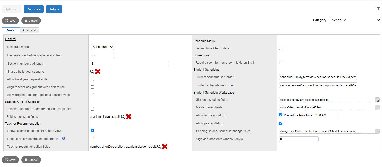 School Schedule preferences page, showing Basic sub-tab