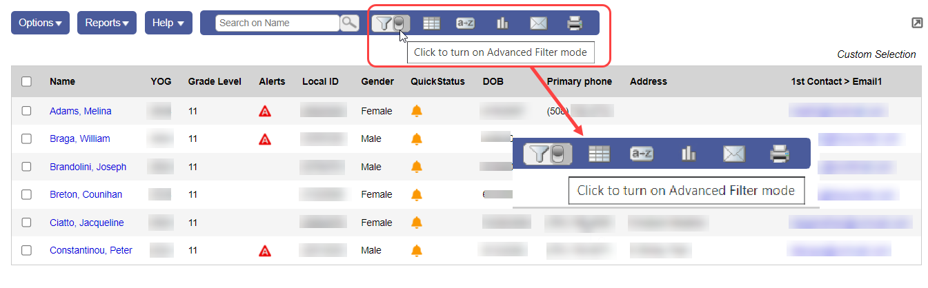 call-out of Advanced Filter mode toggle switch